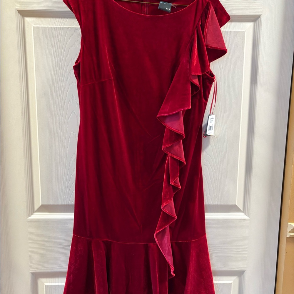 NWT Gabby Skye Chic Asymmetrical Red Dress with Ruffle Detail